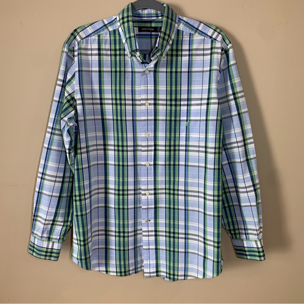Nautica Blue and Green Plaid Button-down Collar Cotton Shirt, Men’s Medium, EUC